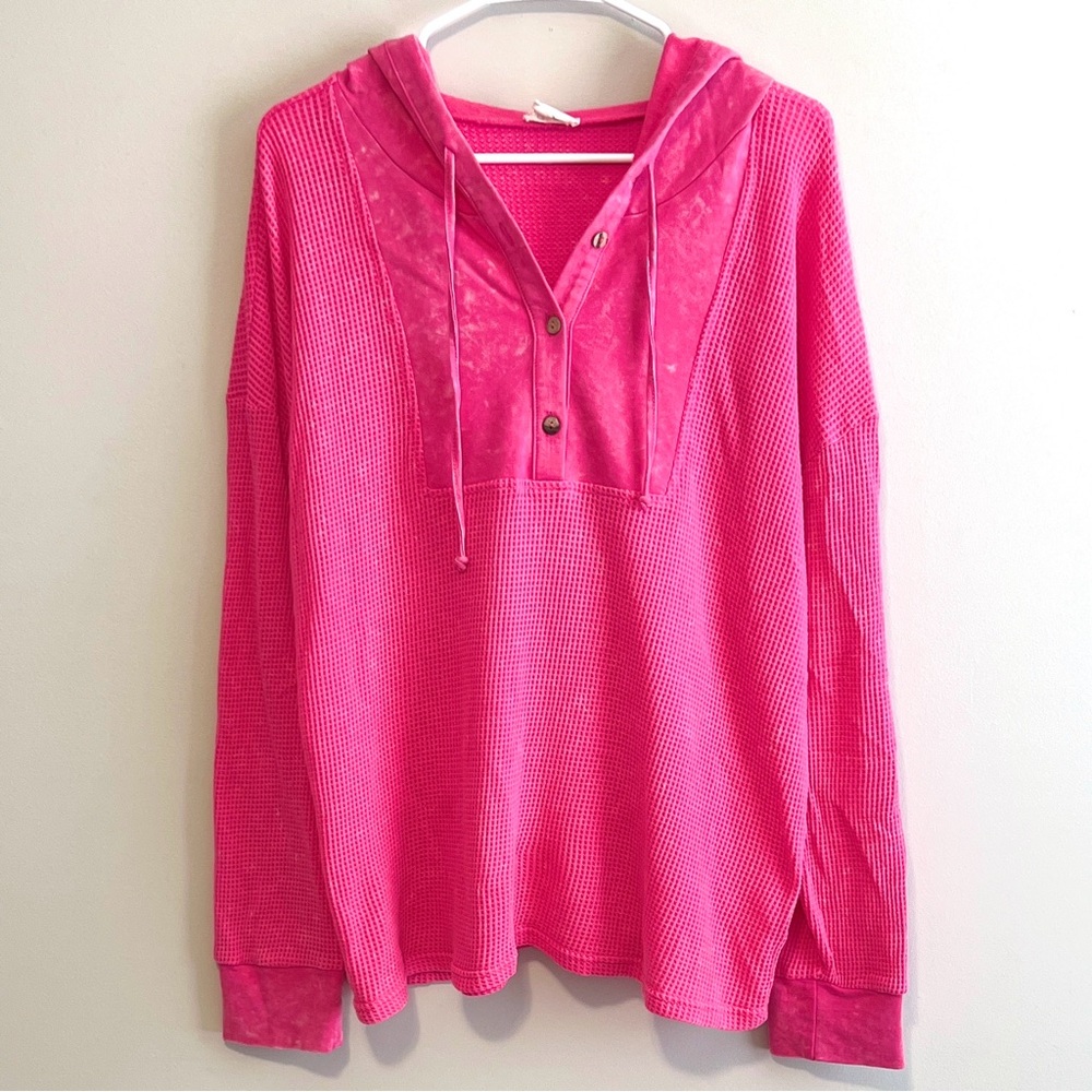 BiBi Boutique Waffle Knit Hooded Long Sleeve Button Pullover